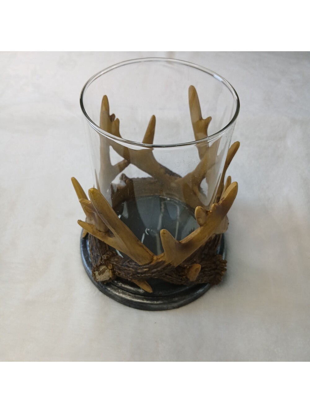 Rustic Resin Antler Glass Cylinder LED Candle Holder Lodge Cabin Accent 6.3"